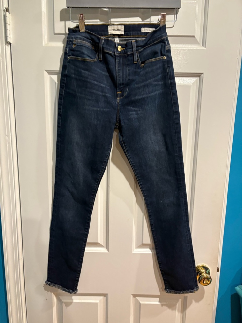 Frame Le High skinny ankle blue jeans sz 28 fringe hem
